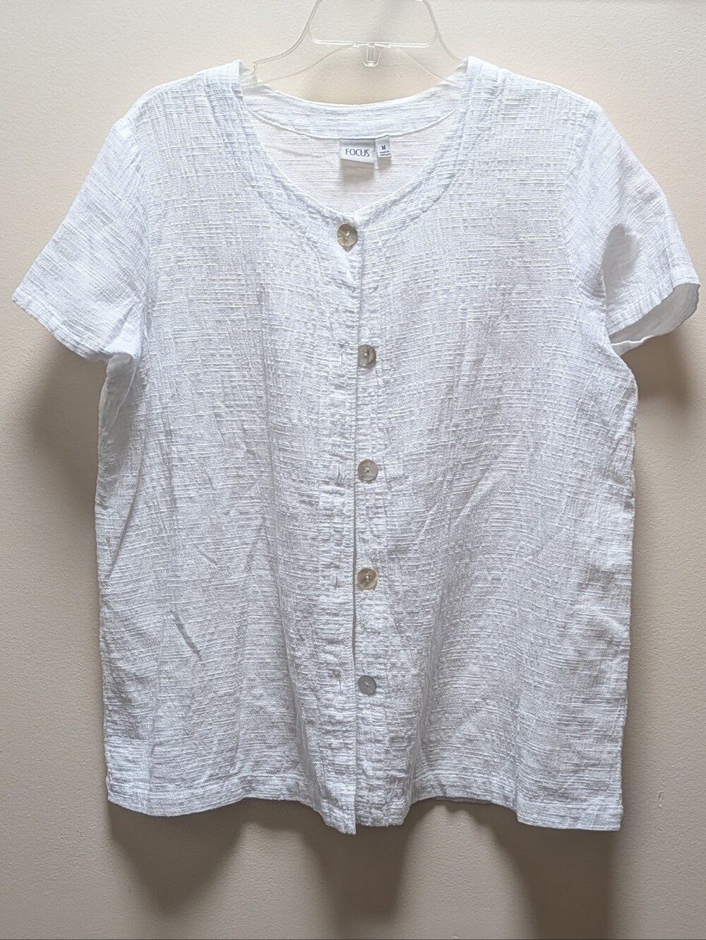 White Textured Button-Up Short Sleeve Top 100% Cotton